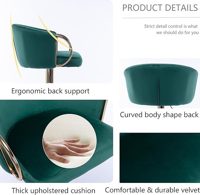 Rhomtree 24-32 Inch Swivel Bar Stools, Adjustable Counter Height Barstools with Gold Stable Metal Frame Footrest, Upholstered Bar Chairs for Home Bar Kitchen Island(Green Set of 6)