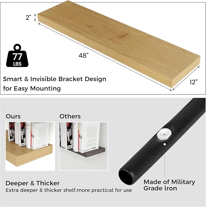 Venusmiles Floating Shelves for Wall, 48 Inch Wide x 12 Inch Deep Floating Shelves, Long Wood Floating Wall Shelf Shelves for Living Room Bathroom Bedroom Kitchen Home - (Oak, 48" W x 12" D x 2" H)