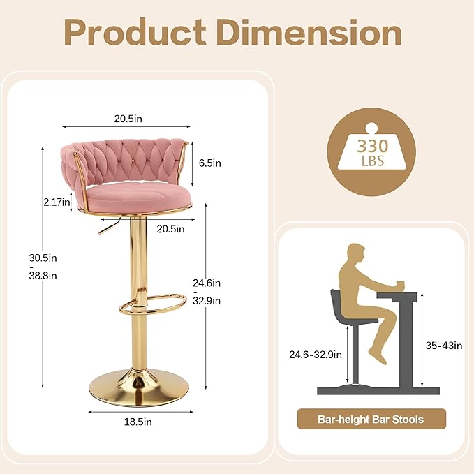 VECELO Bar Stools Set of 4, Adjustable Barstools Counter Height Stools with Back and Arm, Velvet Woven Kitchen Island Stools w/Gold Metal Leg Base, 360° Swivel Bar Stools, Pink