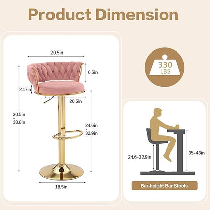 VECELO Bar Stools Set of 4, Adjustable Barstools Counter Height Stools with Back and Arm, Velvet Woven Kitchen Island Stools w/Gold Metal Leg Base, 360° Swivel Bar Stools, Pink