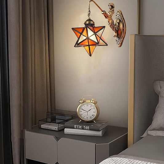 Moravian Star Wall Light with Tiffany Stained Glass Cover, Vintage Rustic Industrial Wall Sconce Retro Wall Mount Lamps Fixture 1-Light,Orange