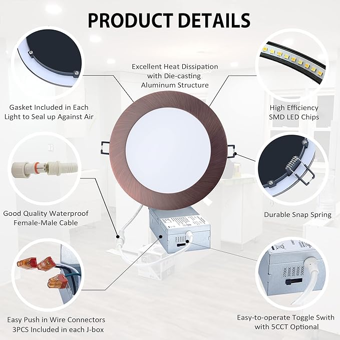 POPANU Premium LED Canless Recessed Downlight Ultra-Thin 5 CCT Adjustable Ceilling Light with Junction Box, 12W Color Temperature Selectable Lighting Fixture, Dimmable, 6 Pack, Oil Rubbed Bronze