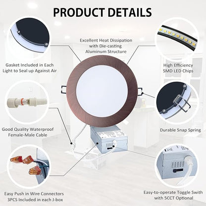 POPANU Premium LED Canless Recessed Downlight Ultra-Thin 5 CCT Adjustable Ceilling Light with Junction Box, 12W Color Temperature Selectable Lighting Fixture, Dimmable, 6 Pack, Oil Rubbed Bronze
