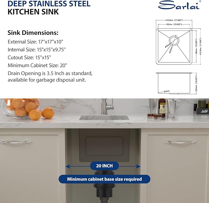 Sarlai 17 Undermount Bar Sink - 17x17 Undermount Kitchen Sink Single Bowl 16 Gauge Stainless Steel Wet Bar Prep Sinks Deep Small RV Kitchen Sinks