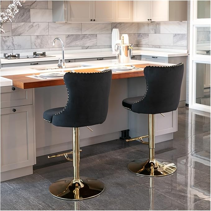 Golden Swivel Velvet Barstools Adjusatble Seat Height from 25-33 Inch,Modern Upholstered Bar Stools with Backs Comfortable Tufted for Home Pub and Kitchen Island,Black,Set of 2,for Living Room