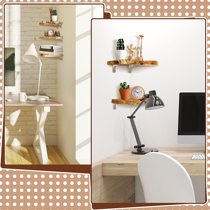 Pinkunn 3 Pcs Corner Floating Shelves for Wall Mounted Cedar Wood Wall Shelves Solid Wooden Hanging Decoration for Room Kitchen Living Room Bathroom Bedroom