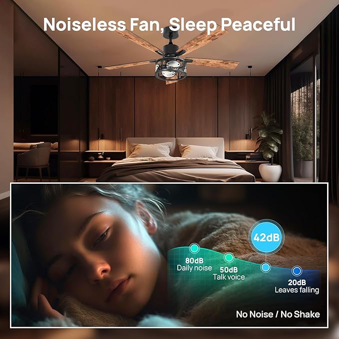 Consciot Ceiling Fan With Lights, 52'' Farmhouse Indoor Ceiling Fan With Remote, Quiet Reversible DC Motor, 5 Double Finish Wood Blades, Easy Install, Dimmable 2*E26 Bulbs(not included), Light Brown