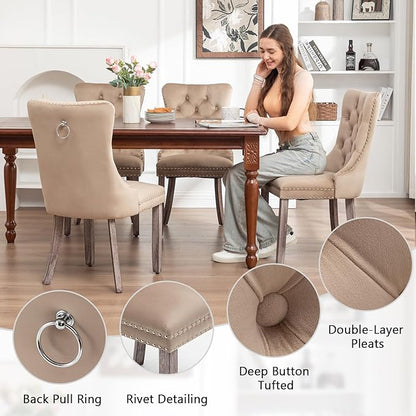 Eifizek Velvet Dining Chairs Set of 6, Upholstered Dining Room Chairs with Nailhead Ring Pull Trim, Button Tufted Wing Back Chairs for Dining with Solid Wood Legs for Kitchen Dining Room(Khaki)