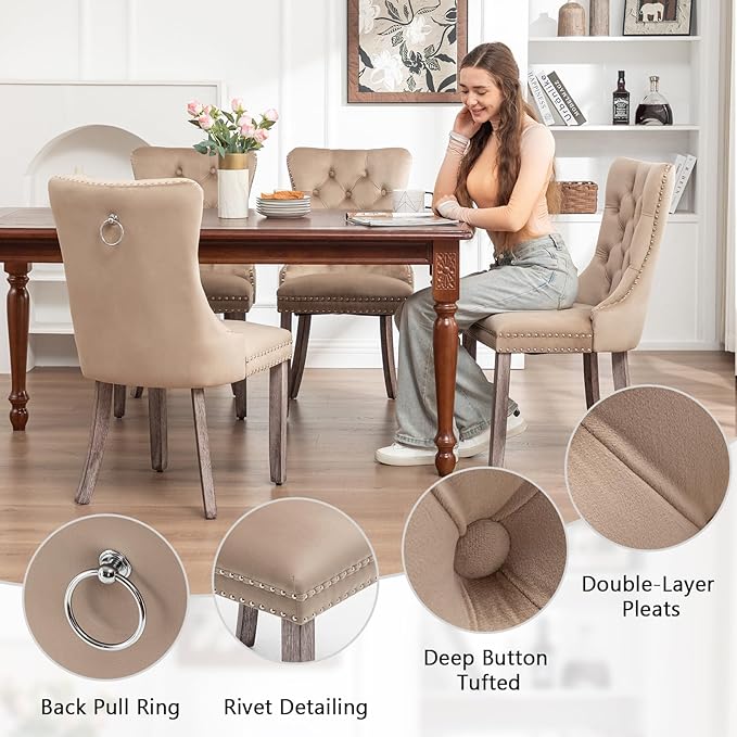Eifizek Velvet Dining Chairs Set of 4, Upholstered Dining Room Chairs with Nailhead Ring Pull Trim, Button Tufted Wing Back Chairs for Dining with Solid Wood Legs for Kitchen Dining Room(Khaki)