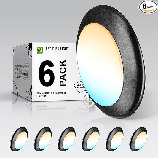 ASD 6 Pack LED Disk Lights 6 Inch, 15W 5CCT 2700K-5000K 1245LM CRI90+, Dimmable Flush Mount Ceiling Light Fixture, Low Profile Surface Mount Disc Lights, Junction Box or Recessed Can Install, ETL