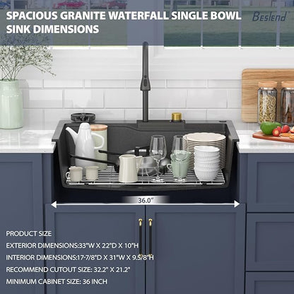 33 Inch Drop-In Kitchen Sink - Beslend 33x22 Black Granite Composite Drop In Workstation Sink Topmount Sinks with Integrated Waterfall Faucet & Glass Rinser - Non-Splash, Easy Clean