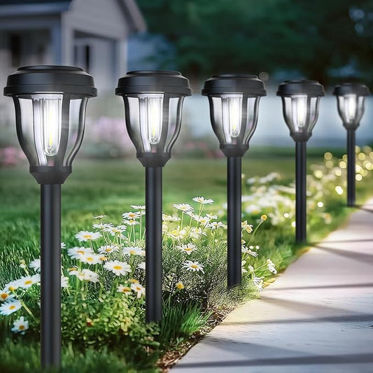 DERAYSION 12 Pack Solar Lights Outdoor, Solar Pathway Lights Auto On/Off Waterproof LED Garden Lights for Landscape Path, Yard, Walkway, Driveway, Sidewalk, Cold White