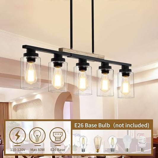 Yusist Farmhouse Kitchen Island Lighting,5-Light Dining Room Light Fixtures Over Table Linear Chandelier Pendant Lighting with Glass Shade and Adjustable Rods for Dining Table Living Room