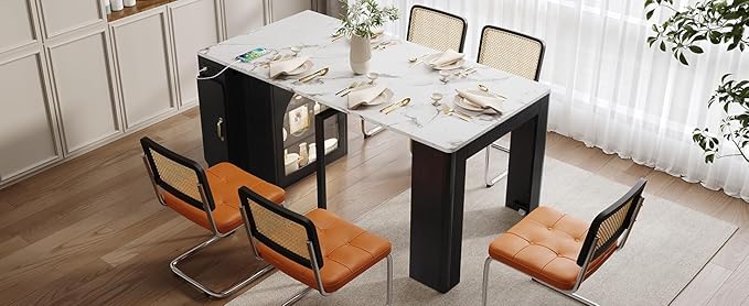 LifeSky Extendable Dining Table with Power Outlet & LED Light: Smart Expandable Kitchen Island Table with Storage Cabinet & Wheels for Small Space - Modern Furniture for Tech Enthusiasts & Urban Livin
