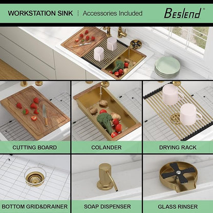 33 Granite Composite Kitchen Sink - Beslend 33x22 Drop In White Kitchen Sink with High Pressure Glass Rinser, Granite Composite Worksation White Sinks Easy Clean Quartz Basin for Kitchen Remodel