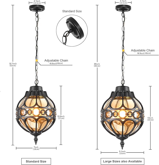 Globe Outdoor Pendant Lights for Porch Patio Garage, Matte Black Aluminum Anti-Rust Hanging Light Fixture, Industrial Round Amber Glass Exterior Chandelier, Outside Pendant Lamp Lantern