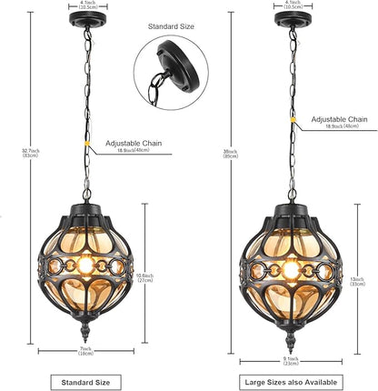 Globe Outdoor Pendant Lights for Porch Patio Garage, Matte Black Aluminum Anti-Rust Hanging Light Fixture, Industrial Round Amber Glass Exterior Chandelier, Outside Pendant Lamp Lantern