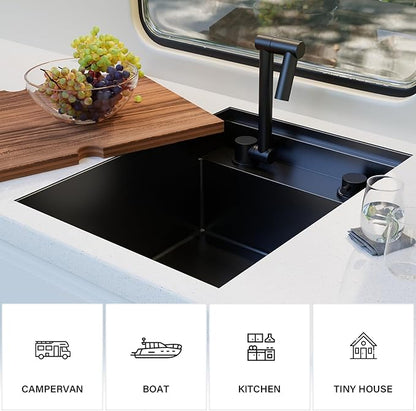 TORVA RV Kitchen Sink, 16 x 21 x 9 Inch Undermount Bar Sink 16 Gauge Stainless Steel Single Bowl Sink with Faucet Cutting Board, Dark Grey