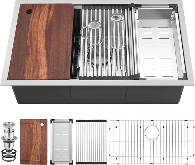 33 Inch Undermount Kitchen Sink Workstation, Stainless Steel Kitchen Sinks Single Bowl, Handmade Large Undermount Sink 33x19x10 with Accessories