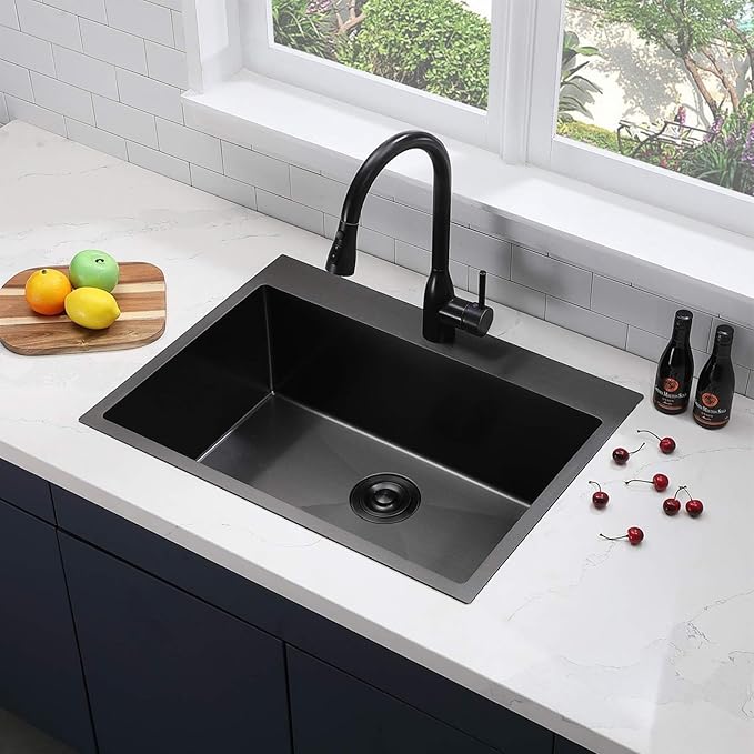 SHACO 28 x 20 Inch Drop in Black Kitchen Sink, Gunmetal Black Top Mount Stainless Steel 9 Inch Deep Single Bowl Laundry Utility Wet Prep Sink