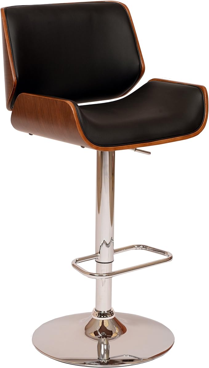 Armen Living London Modern Adjustable Height Swivel Black Faux Leather and Walnut Wood Bar Stool with Chrome Base for Kitchen Island Counter