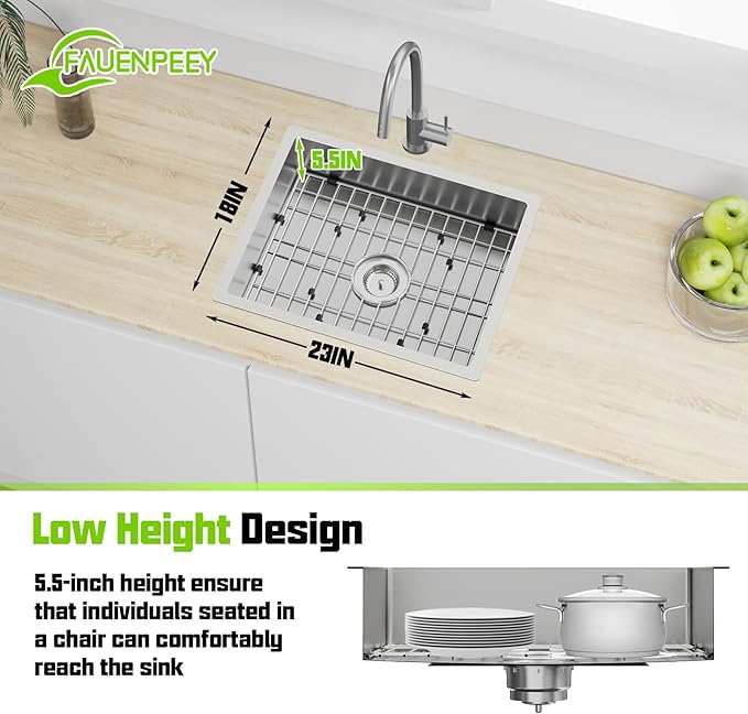 Stainless Steel Kitchen Sink, 23x18x5.5 Inch Low Height Design Single Bowl Undermount Kitchen Sink Come With Accessories Ensure Individuals With Limited Mobility Easily Accessing And Using