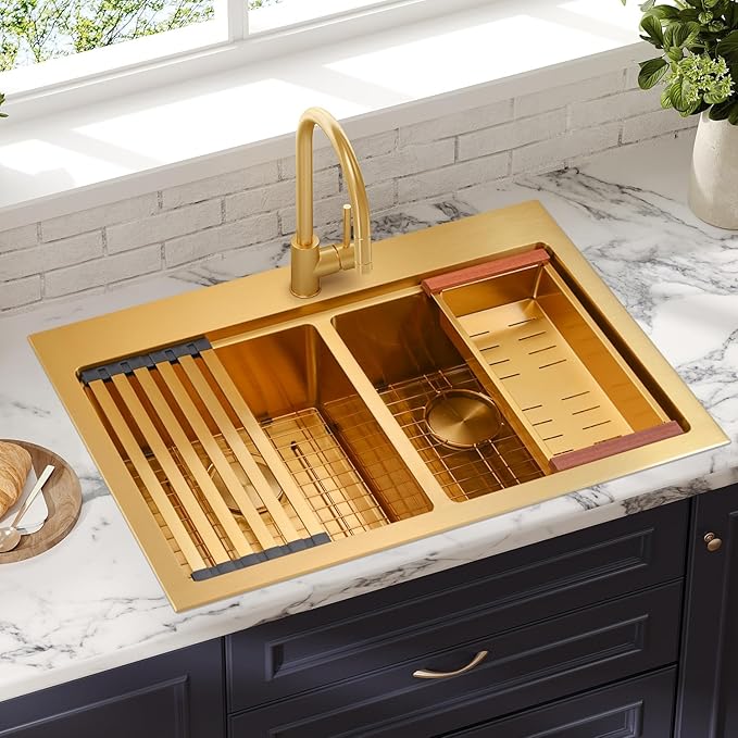 MILOSEN Gold Double Bowl Kitchen Sink, 31''x22'' Gold Workstation Sink 50/50 Topmount Double Basin with Accessories, Drop in 16 Gauge T304 Stainless Steel Sinks,10'' Deep and Large Handmade Sink