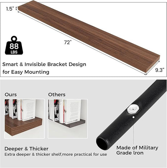 Venusmiles Floating Shelves for Wall, Engineered Wood Wall Shelves with Invisible Brackets for Living Room Bedroom Bathroom Office Kitchen Decor and Storage (Walnut, 72" W x 9" D x 1.5" H) Set of 1