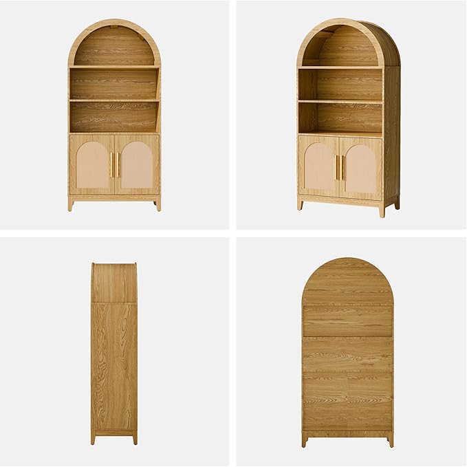 63" Tall Arched Pantry Cabinet with Doors, 5-Tier Arched Bookcase with Adjustable Shelves, Wood Storage Cabinet for Kitchen, Living Room, Office, Natural Oak