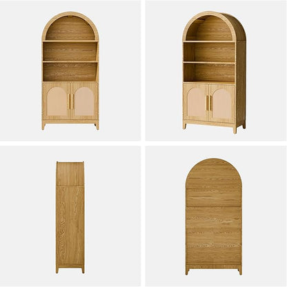 63" Tall Arched Pantry Cabinet with Doors, 5-Tier Arched Bookcase with Adjustable Shelves, Wood Storage Cabinet for Kitchen, Living Room, Office, Natural Oak