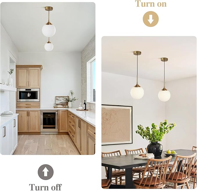 KCO Lighting 7” Small Milk Glass Pendant Light Gold Globe Kitchen Pendant Lights Vintage White Glass Hanging Light Fixture Mid Century Modern Dining Room Ceiling Light Fixture (2 Pack)