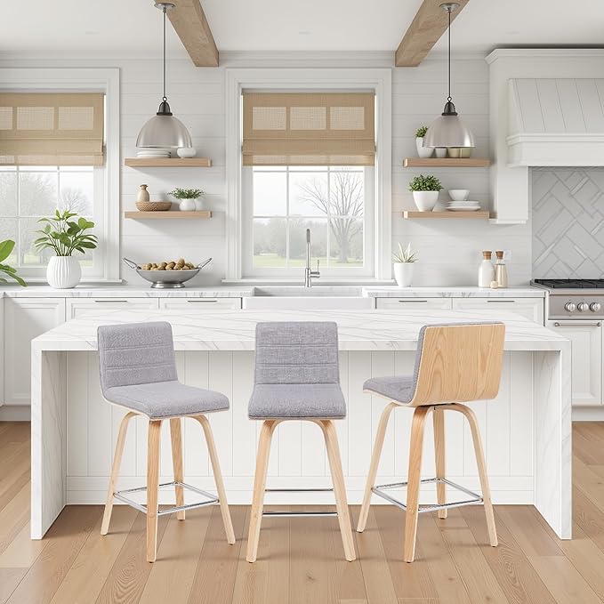 Vienna Modern Counter Height Swivel Bar Stool with Grey Upholstered Seat and Patterned Oak Wood Frame Set of 4