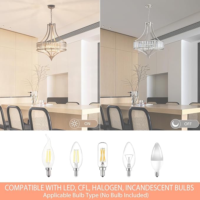 Brushed Nickel Chandeliers for Dining Room, Rustic Farmhouse Crystal Chandelier with Round Metal Shade, Modern 6-Light Large Light Fixture for Hallway, Bedroom, Foyer
