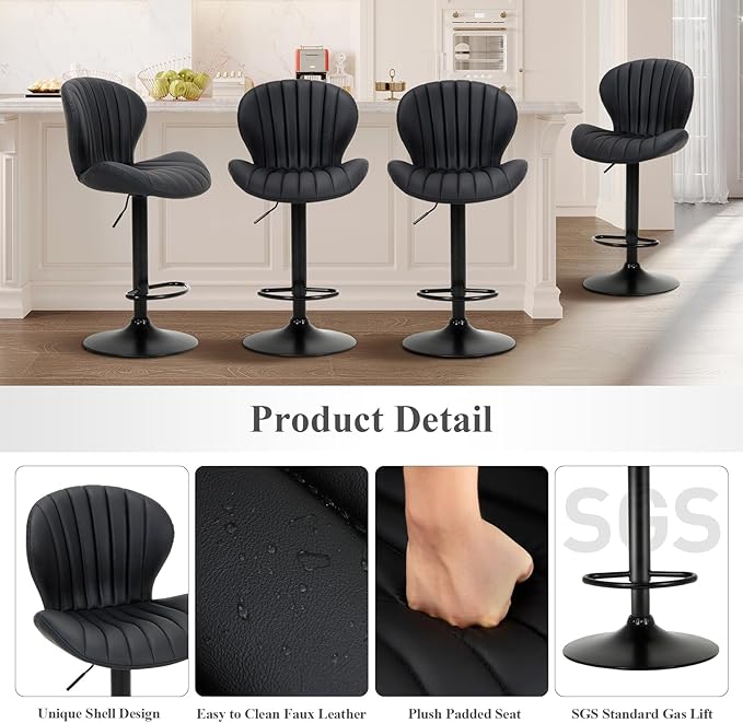COLAMY Bar Stools Set of 3, Adjustable Modern Swivel Bar Chairs, Faux Leather Upholstered Barstools Counter Height with High Backrest for Bar, Kitchen Island, Dining Room, Black