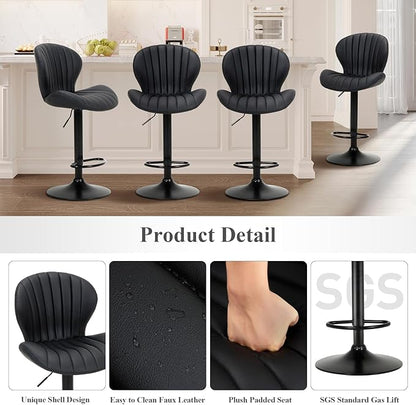 COLAMY Bar Stools Set of 3, Adjustable Modern Swivel Bar Chairs, Faux Leather Upholstered Barstools Counter Height with High Backrest for Bar, Kitchen Island, Dining Room, Black