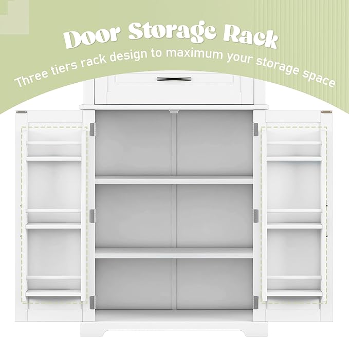 Merax 72" Tall Kitchen Pantry Storage Cabinet, Farmhouse Freestanding Large Cupboard with One Drawer, Bathroom Cabinet with Adjustable Shelves, 6 Door-Shelf for Dining Room, White
