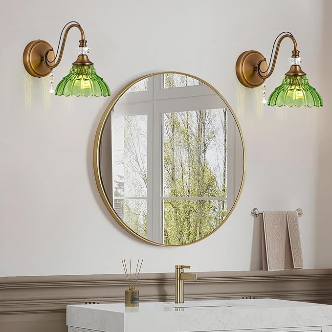 1 Piece Vintage Wall Sconce, 1-Light Matte Antique Brass Finish Wall Sconce with Hanging Crystal Accents and Flower-Shaped Green Shades for Bathroom Bedroom Living Room,Vintage Vanity Light
