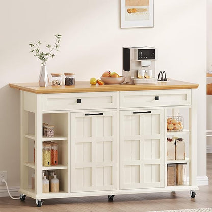 YITAHOME Rolling Kitchen Island with Drop Leaf, 51 Inch Kitchen Cart with Trash Can Cabinet, Americana Center Island with Power Outlet, Mobile Foldable Dining Table with Open Shelves, Off-White