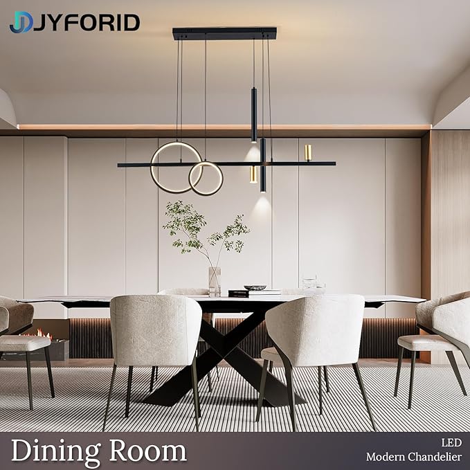 Modern Black LED Dining Room Light Fixture with Remote Control, 47" 36W 3-Color Temp Stepless Dimmable Island Pendant Lights, Hanging Adjustable Linear Chandelier for Kitchen Bar