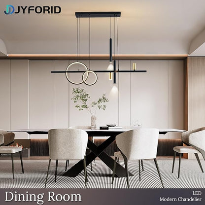 Modern Black LED Dining Room Light Fixture with Remote Control, 47" 36W 3-Color Temp Stepless Dimmable Island Pendant Lights, Hanging Adjustable Linear Chandelier for Kitchen Bar