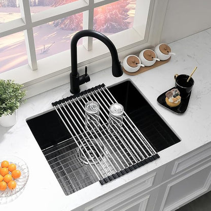 Black Stainless Steel Undermount Laundry Sink-Hovheir 24x19x12 Deep Undermount Stainless Steel Utility Sink Matte Black 16 Gauge Single Bowl Laundry Room Sinks Outdoor