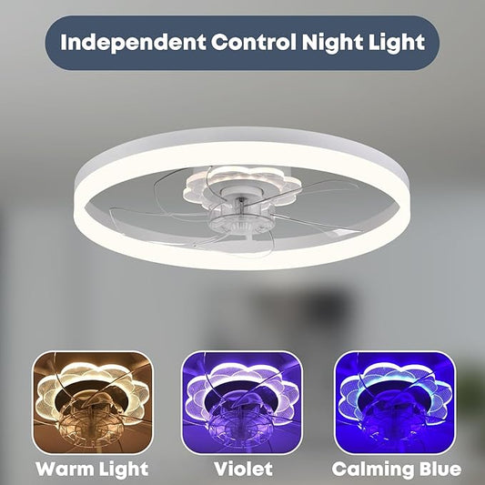 Fszdorj 20‘’ Ceiling Fan with Light, Upgraded Low Profile Fan, Flush Mount Ceiling Fan, 6 Speeds, Dimmable LED, App & Remote Control, Quiet DC Motor, for Bedroom, Living Room, F115 White