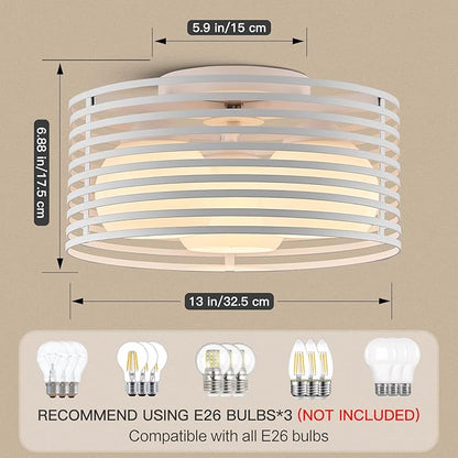 Modern Industrial Semi Flush Mount Ceiling Light, 3-Light White Farmhouse Ceiling Light Fixture with Glass Shade, Hallway Lighting Fixture for Kitchen, Bedroom, Bathroom, Foyer, Laundry room 12.79in