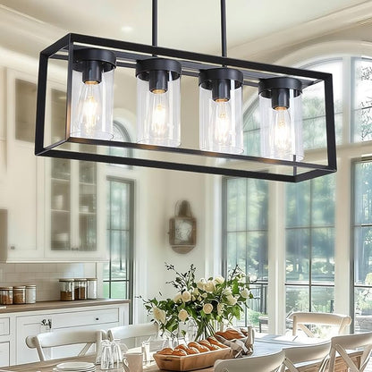 Modern 4-Light Linear Dining Room Light Fixture, Black Rectangle Farmhouse Chandeliers with Clear Glass Shades, Kitchen Island Lighting Fixtures Over Table Ceiling Hanging Pendant Lights