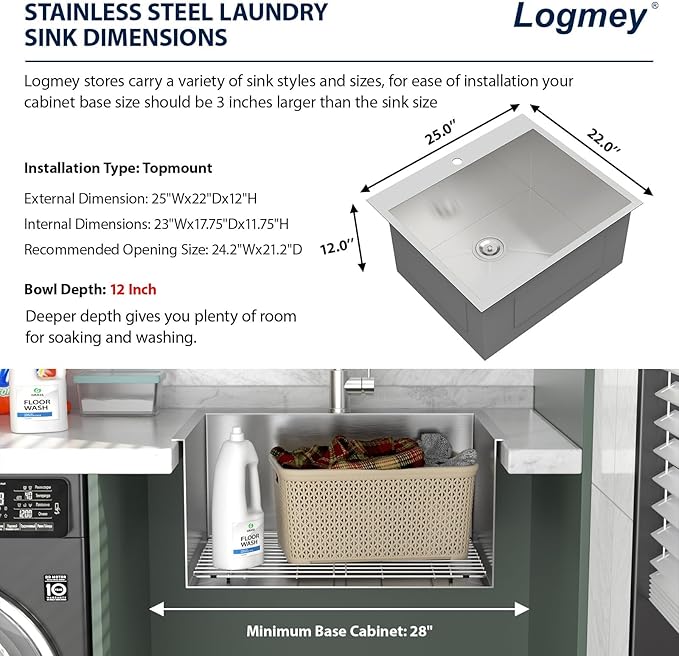 Logmey 25x22 Drop in Laundry Sink 25 Inch Laundry Room 12" Deep Sinks Handmade 16 Gauge Heavy Duty Stainless Steel Large Capacity Utility Washing Tub for Home & Commercial Use