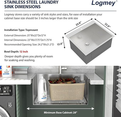 Logmey 25x22 Drop in Laundry Sink 25 Inch Laundry Room 12" Deep Sinks Handmade 16 Gauge Heavy Duty Stainless Steel Large Capacity Utility Washing Tub for Home & Commercial Use