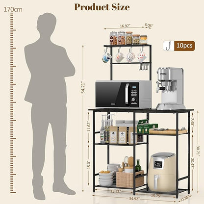 3IngSeagulls Baker's Rack for Kitchen with Storage, Microwave Stand with Adjustable Shelves, Kitchen Stand with 10 S Hooks, 6-Tier Coffee Bar Station, Storage Shelves for Spices, Pots, Gray