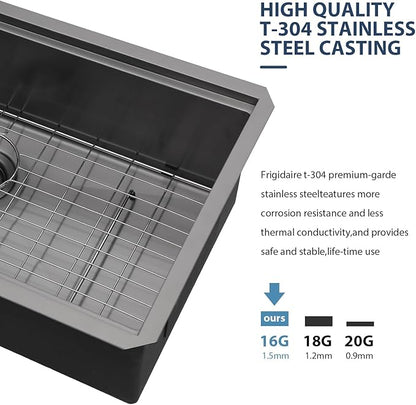 Lordear 33 Inch Black Undermount Kitchen Sink Workstation 16 Gauge Stainless Steel Single Bowl with Built-in Accessories, 33x19x9 Inch Gunmetal Black Nano-pvd