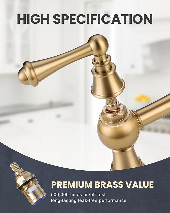 WOWOW Gold Bridge Kitchen Faucet 2 Hole Antique Brass Bridge Faucet 2 Handle 8 Inch Centerset Farmhouse Kitchen Sink Faucet 360° Swivel Vintage Tap