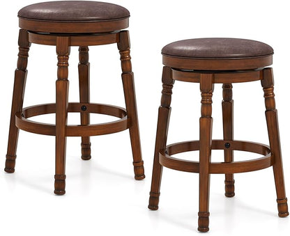 Giantex Swivel Bar Stools Set of 2, 24" Counter Height Bar Stools w/Faux Leather Padded Seat, Footrests, Solid Wooden Frame, Farmhouse Backless Barstools for Kitchen Island, Pub, Dining Room, Cafe